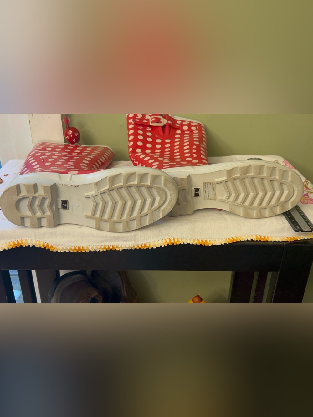Red Polka Dot Rain Boots with White Trim Size 7 - Picture 4 of 6